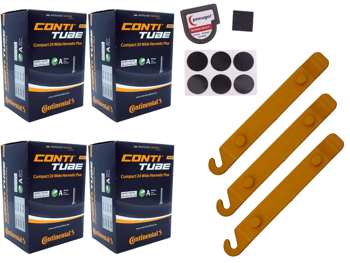 4x Fahrradschlauch Continental Hermetic Plus Compact 24 Wide 24 Zoll 55-507/62-507 Auto-Ventil 40mm +3x Conti Reifenheber +pneugo! Reparatur-Kit