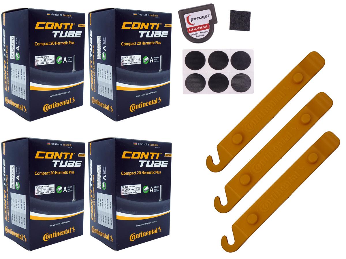 4x Fahrradschlauch Continental Hermetic Plus Compact 20 20 Zoll 35-406/47-406 Auto-Ventil 40mm +3x Conti Reifenheber +pneugo! Reparatur-Kit