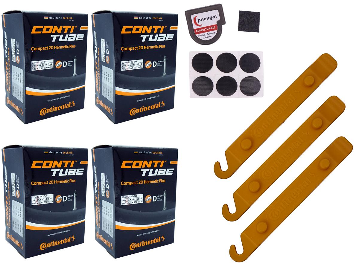 4x Fahrradschlauch Continental Hermetic Plus Compact 20 20 Zoll 35-406/47-406 Dunlop-Ventil 40mm +3x Conti Reifenheber +pneugo! Reparatur-Kit