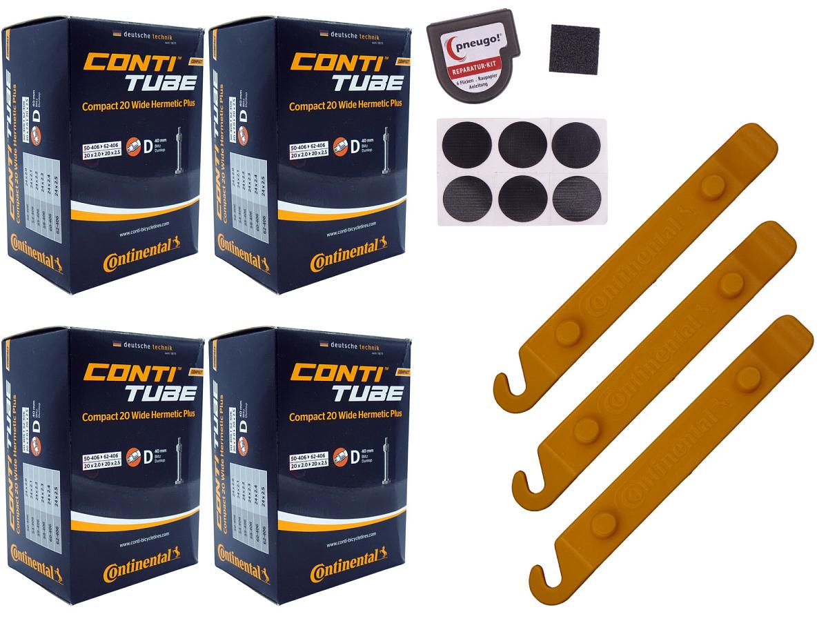 4x Fahrradschlauch Continental Hermetic Plus Compact 20 Wide 20 Zoll 50-406/62-406 Dunlop-Ventil 40mm +3x Conti Reifenheber +pneugo! Reparatur-Kit