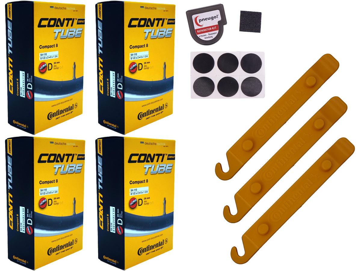 4x Fahrradschlauch Continental Compact 8 8 Zoll 54-110 Dunlop-Ventil 26mm +3x Conti Reifenheber +pneugo! Reparatur-Kit