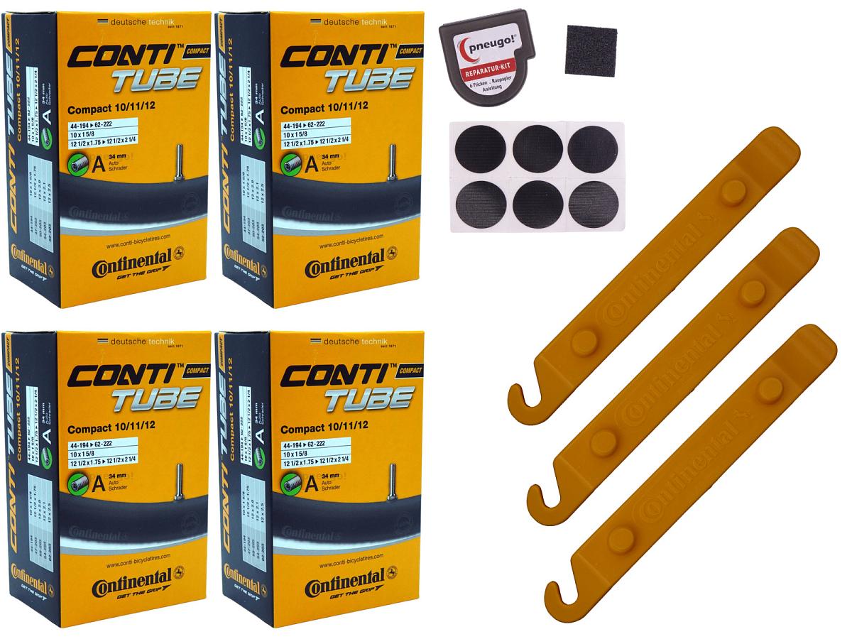 4x Fahrradschlauch Continental Compact 10/11/12 12 Zoll 44-194/62-203 Auto-Ventil 34mm +3x Conti Reifenheber +pneugo! Reparatur-Kit