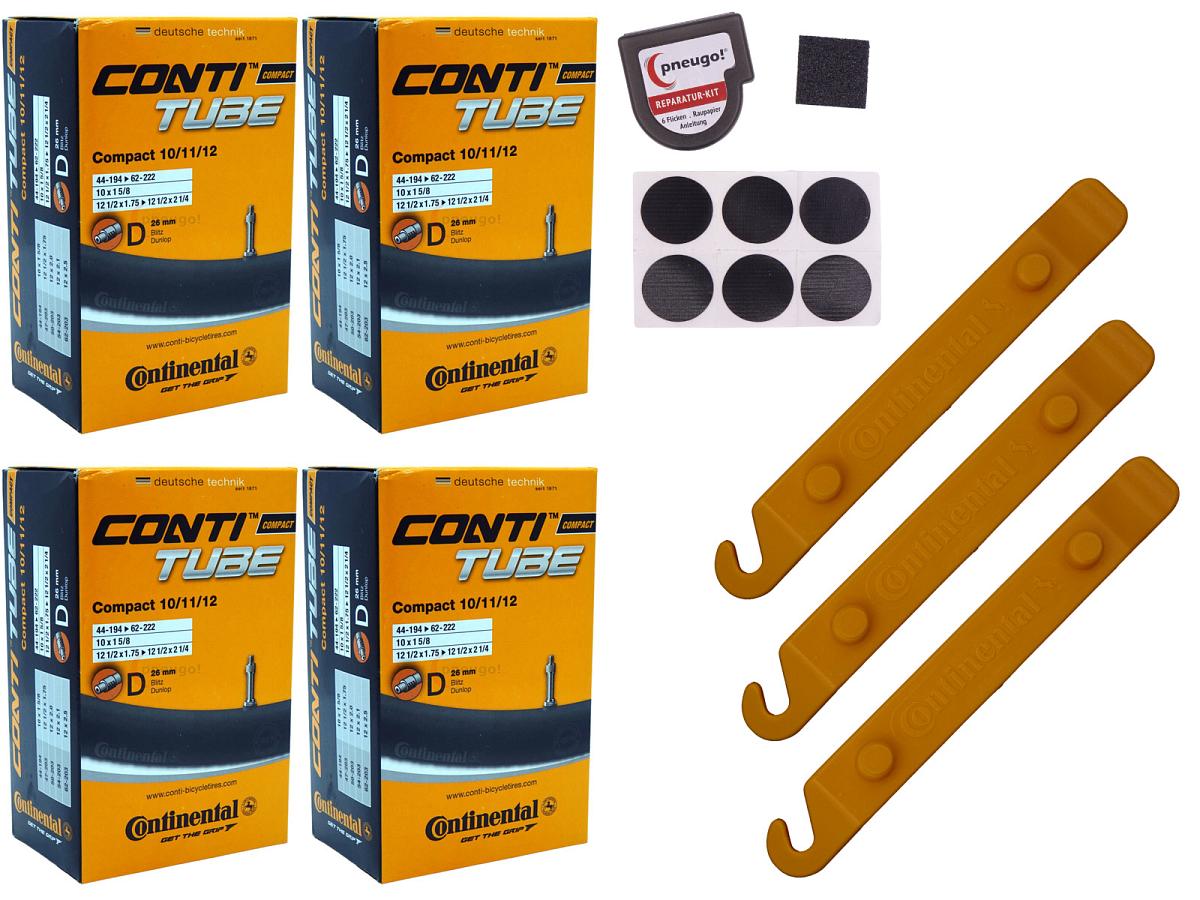 4x Fahrradschlauch Continental Compact 10/11/12 12 Zoll 44-194/62-222 Dunlop-Ventil 26mm +3x Conti Reifenheber +pneugo! Reparatur-Kit