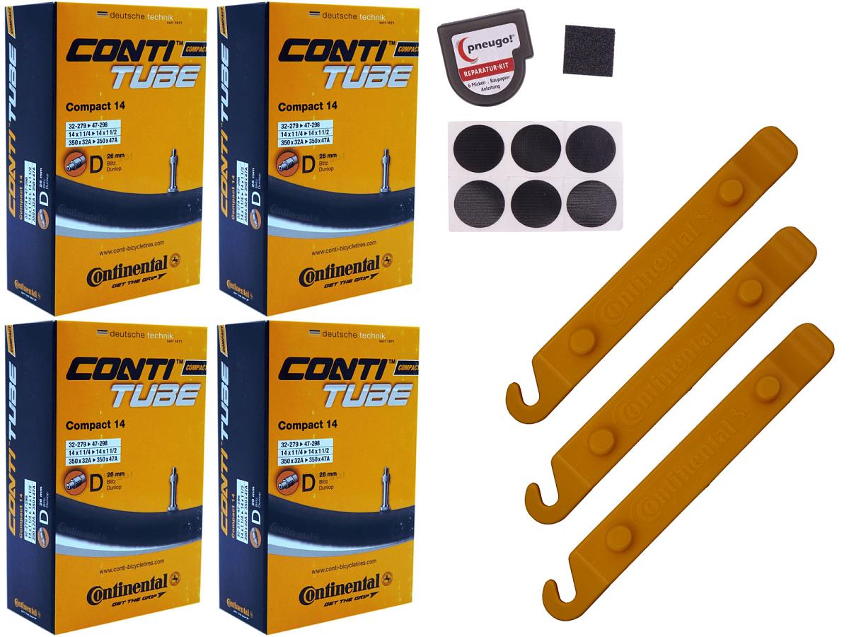 4x Fahrradschlauch Continental Compact 14 14 Zoll 32-279/47-298 Dunlop-Ventil 26mm +3x Conti Reifenheber +pneugo! Reparatur-Kit