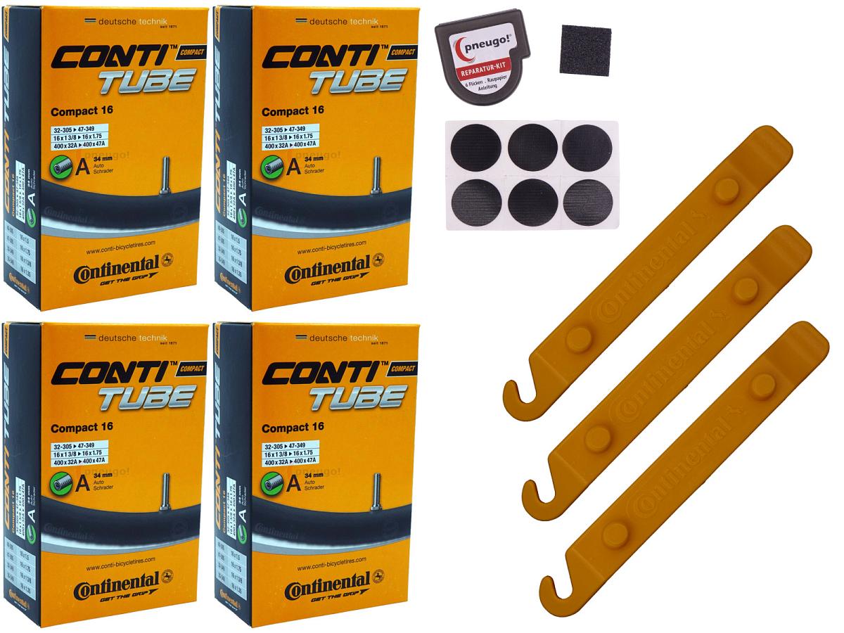 4x Fahrradschlauch Continental Compact 16 16 Zoll 32-305/47-349 Auto-Ventil 34mm +3x Conti Reifenheber +pneugo! Reparatur-Kit