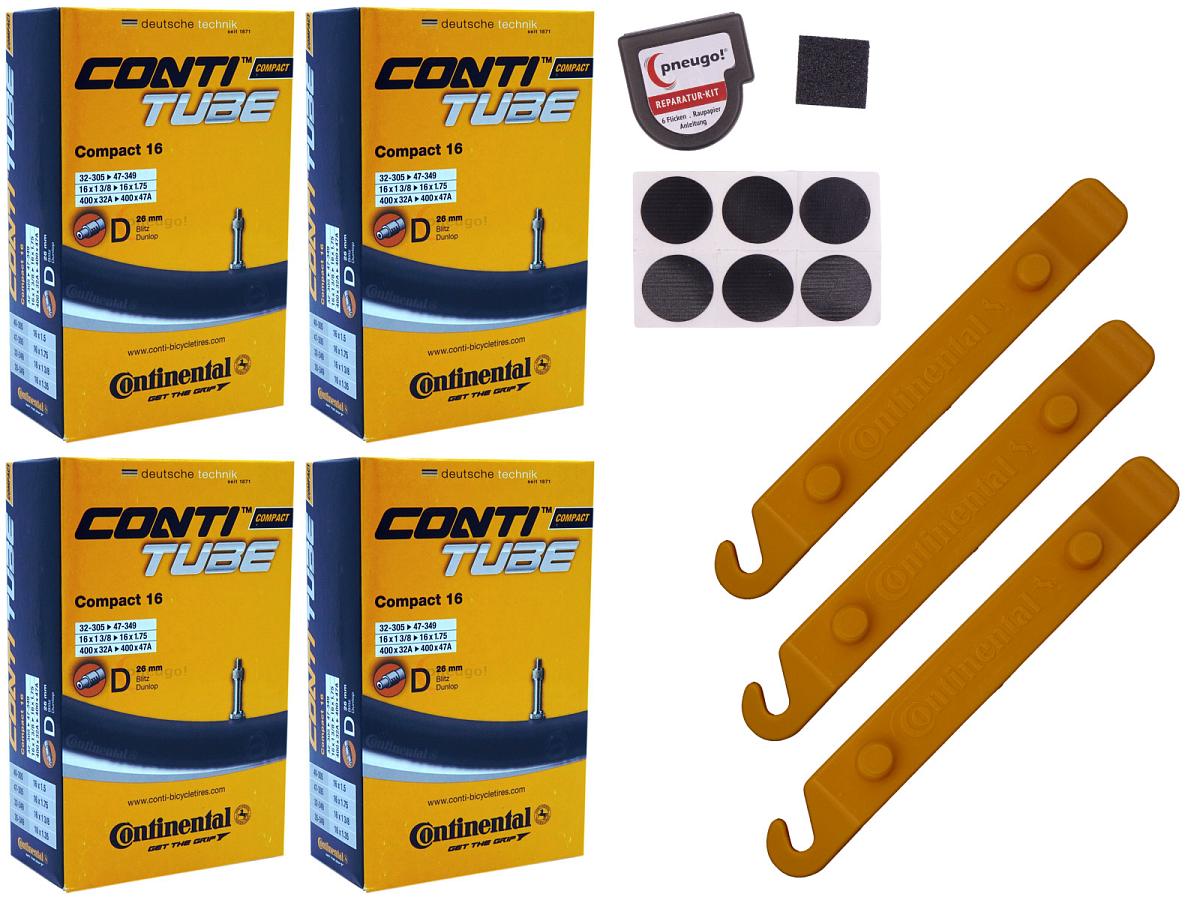 4x Fahrradschlauch Continental Compact 16 16 Zoll 32-305/47-349 Dunlop-Ventil 26mm +3x Conti Reifenheber +pneugo! Reparatur-Kit