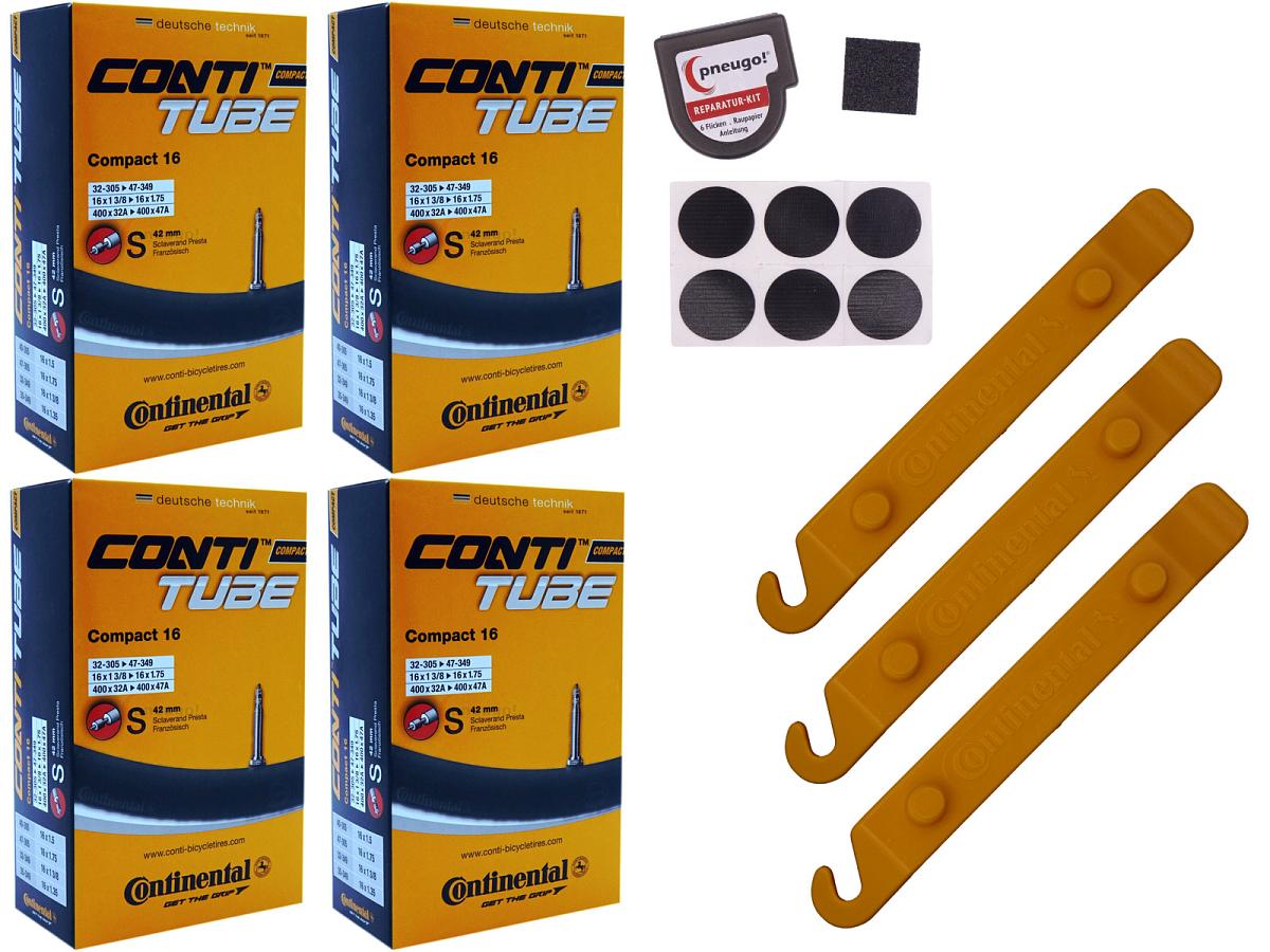 4x Fahrradschlauch Continental Compact 16 16 Zoll 32-305/47-305 Sclaverand-Ventil 42mm +3x Conti Reifenheber +pneugo! Reparatur-Kit