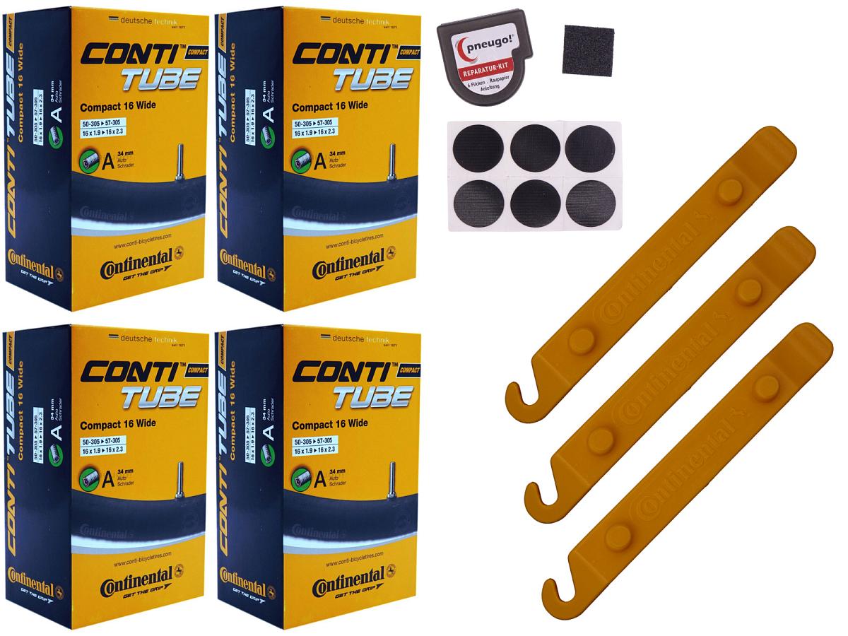 4x Fahrradschlauch Continental Compact 16 Wide 16 Zoll 50-305/57-305 Auto-Ventil 34mm +3x Conti Reifenheber +pneugo! Reparatur-Kit