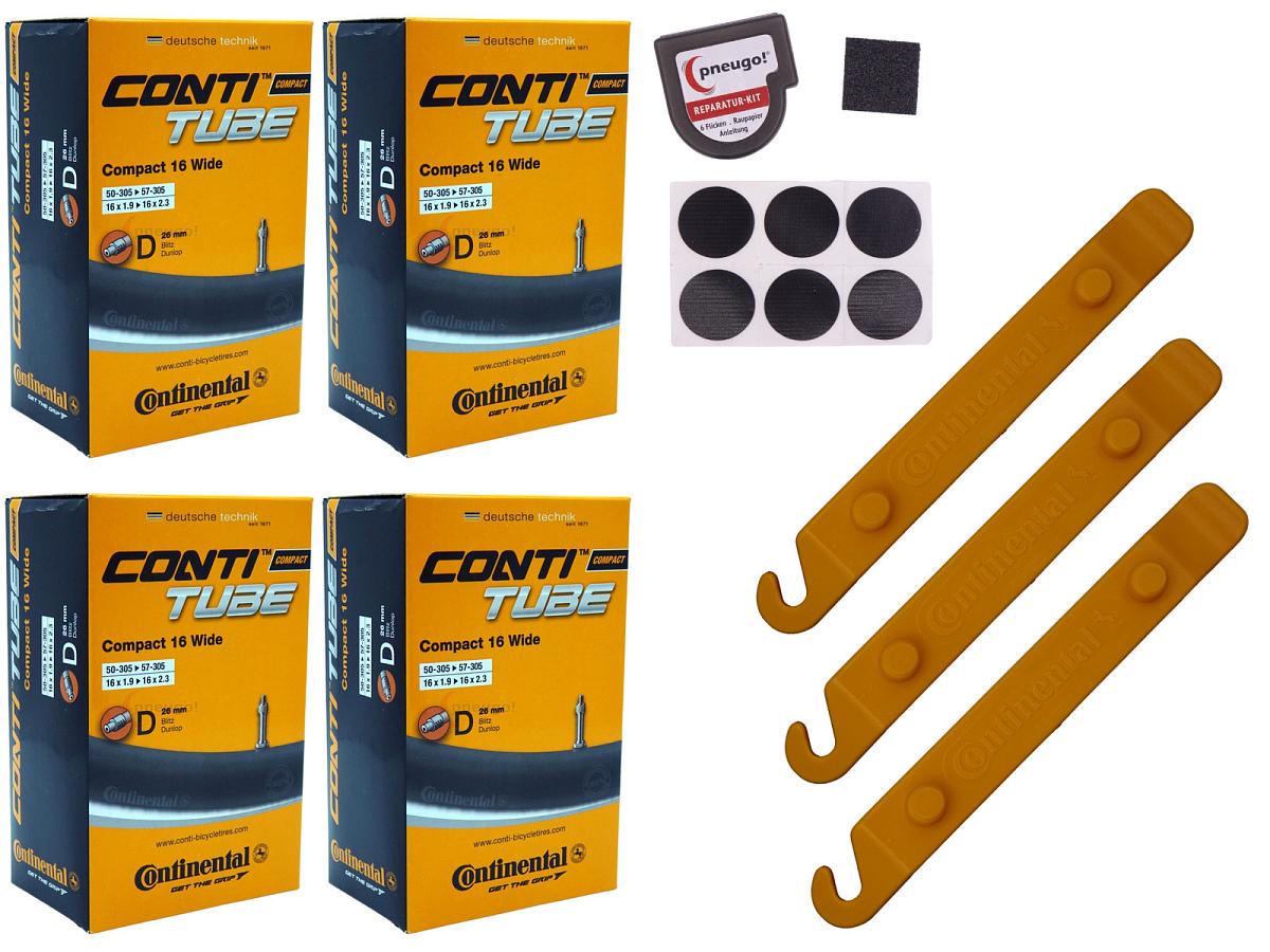 4x Fahrradschlauch Continental Compact 16 Wide 16 Zoll 50-305/57-305 Dunlop-Ventil 26mm +3x Conti Reifenheber +pneugo! Reparatur-Kit