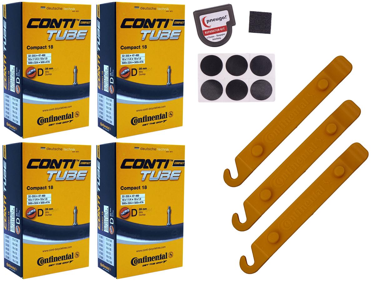 4x Fahrradschlauch Continental Compact 18 18 Zoll 32-355/47-400 Dunlop-Ventil 26mm +3x Conti Reifenheber +pneugo! Reparatur-Kit