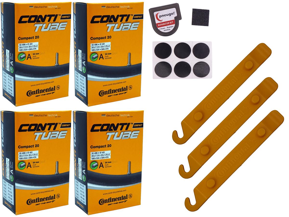 4x Fahrradschlauch Continental Compact 20 20 Zoll 35-406/47-406 Auto-Ventil 34mm +3x Conti Reifenheber +pneugo! Reparatur-Kit