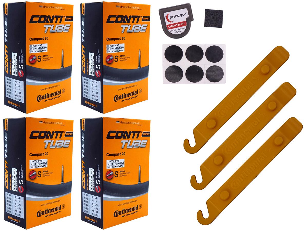 4x Fahrradschlauch Continental Compact 20 20 Zoll 35-406/47-406 Sclaverand-Ventil 42mm +3x Conti Reifenheber +pneugo! Reparatur-Kit