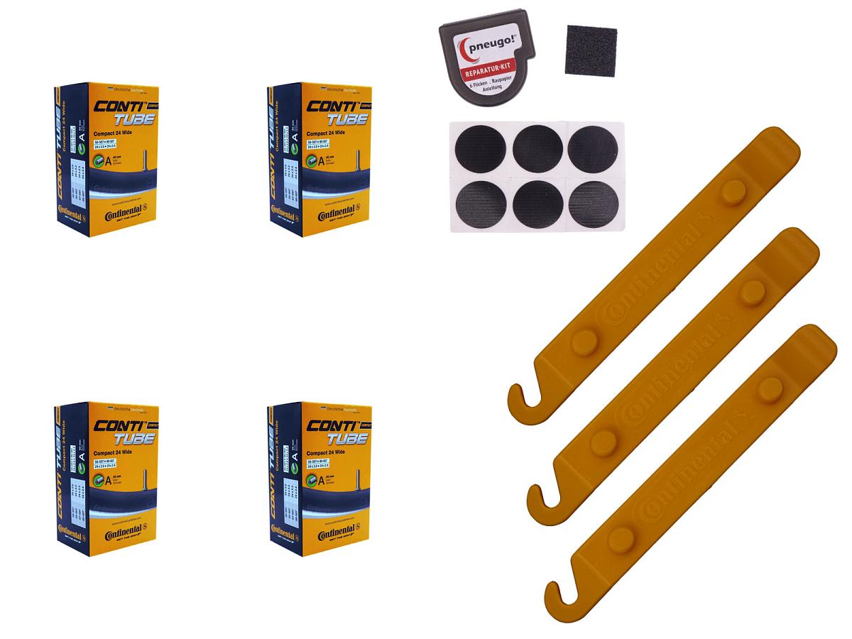 4x Fahrradschlauch Continental Compact 24 Wide 24 Zoll 50-507/60-507 Auto-Ventil 40mm +3x Conti Reifenheber +pneugo! Reparatur-Kit