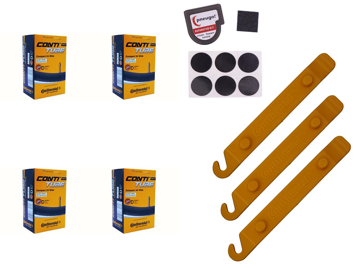 4x Fahrradschlauch Continental Compact 24 Wide 24 Zoll 50-507/60-507 Dunlop-Ventil 40mm +3x Conti Reifenheber +pneugo! Reparatur-Kit