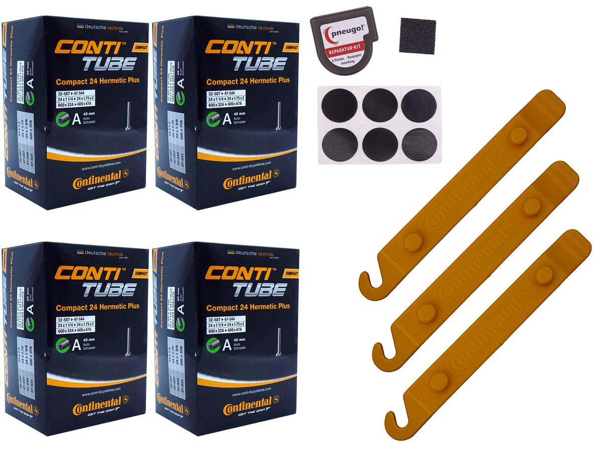 4x Fahrradschlauch Continental Hermetic Plus Compact 24 24 Zoll 32-507/47-544 Auto-Ventil 40mm +3x Conti Reifenheber +pneugo! Reparatur-Kit