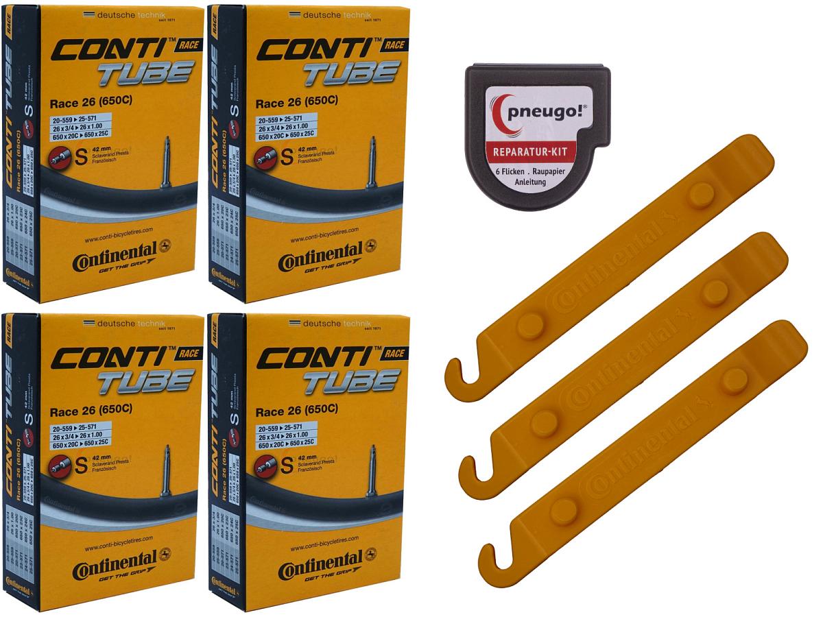 4x Fahrradschlauch Continental Race 26 26 Zoll 20-559/25-571 Sclaverand-Ventil 42mm +3x Conti Reifenheber +pneugo! Reparatur-Kit