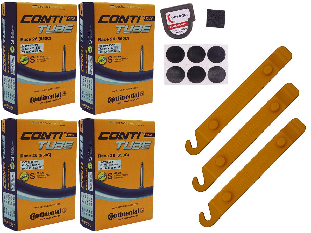 4x Fahrradschlauch Continental Race 26 26 Zoll 20-559/25-571 Sclaverand-Ventil 60mm +3x Conti Reifenheber +pneugo! Reparatur-Kit