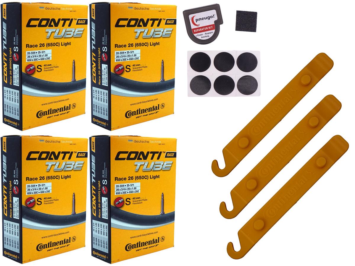 4x Fahrradschlauch Continental Race 26 Light 26 Zoll 20-559/25-571 Sclaverand-Ventil 42mm +3x Conti Reifenheber +pneugo! Reparatur-Kit