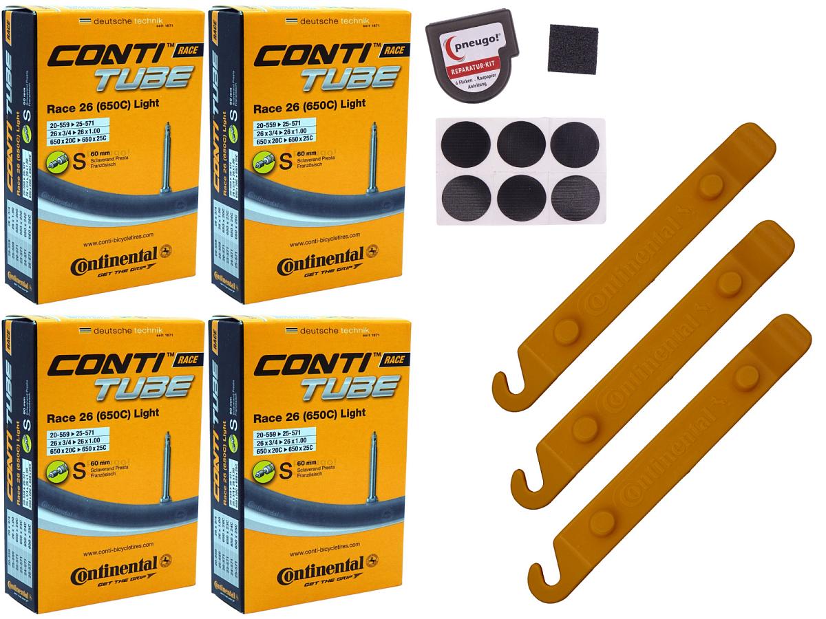 4x Fahrradschlauch Continental Race 26 Light 26 Zoll 20-559/25-571 Sclaverand-Ventil 60mm +3x Conti Reifenheber +pneugo! Reparatur-Kit