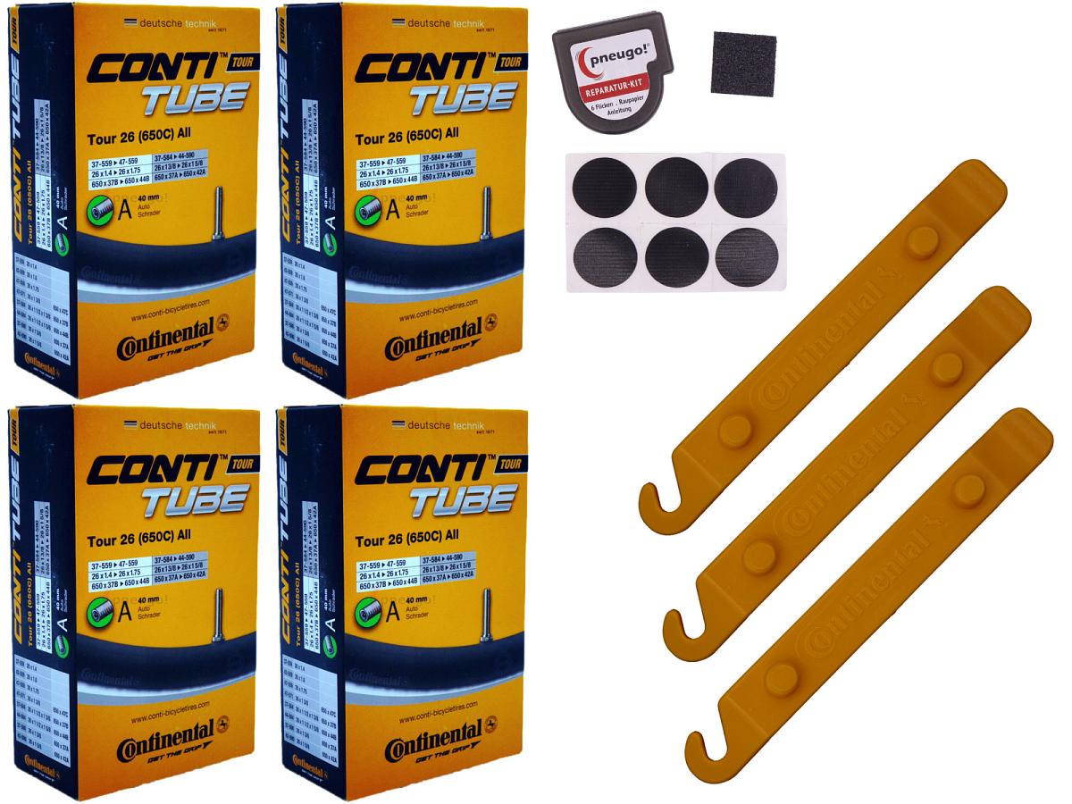 4x Fahrradschlauch Continental Tour 26 All 26 Zoll 37-559/47-571 Auto-Ventil 40mm +3x Conti Reifenheber +pneugo! Reparatur-Kit