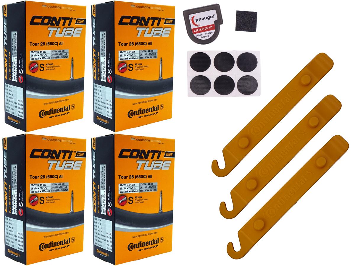 4x Fahrradschlauch Continental Tour 26 All 26 Zoll 37-559/47-571 Sclaverand-Ventil 42mm +3x Conti Reifenheber +pneugo! Reparatur-Kit