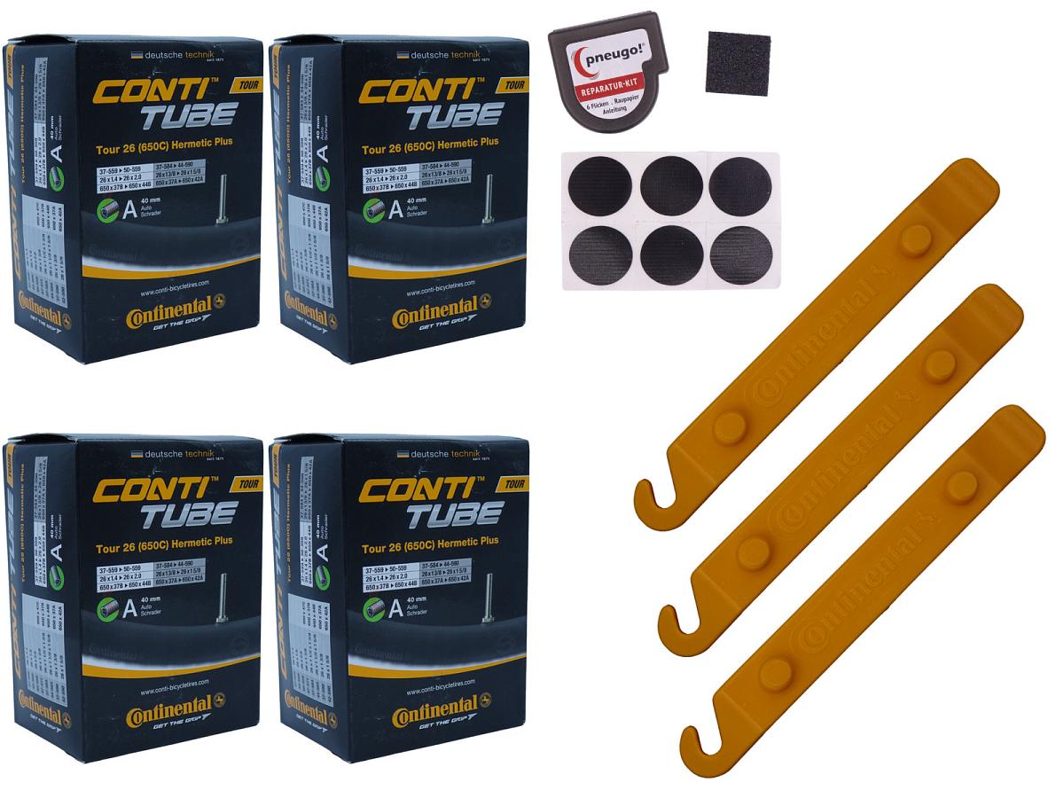 4x Fahrradschlauch Continental Hermetic Plus Tour 26 All 26 Zoll 37-559/50-559 Auto-Ventil 40mm +3x Conti Reifenheber +pneugo! Reparatur-Kit