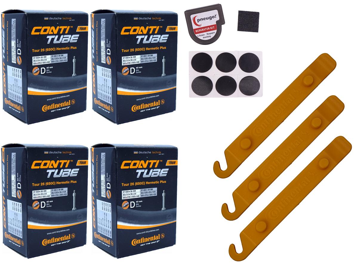 4x Fahrradschlauch Continental Hermetic Plus Tour 26 All 26 Zoll 37-559/50-559 Dunlop-Ventil 40mm +3x Conti Reifenheber +pneugo! Reparatur-Kit