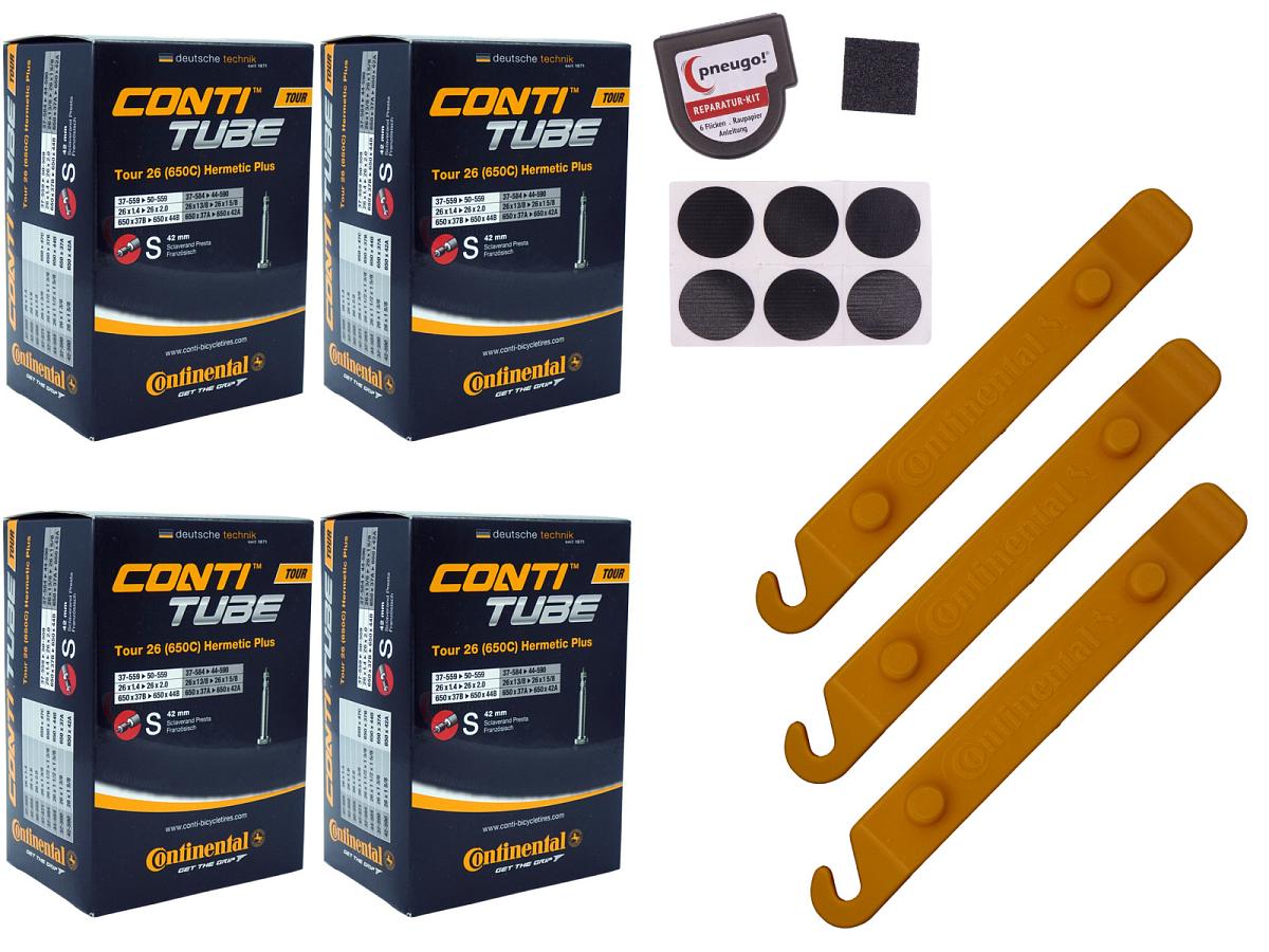 4x Fahrradschlauch Continental Hermetic Plus Tour 26 All 26 Zoll 37-559/50-559 Sclaverand-Ventil 42mm +3x Conti Reifenheber +pneugo! Reparatur-Kit