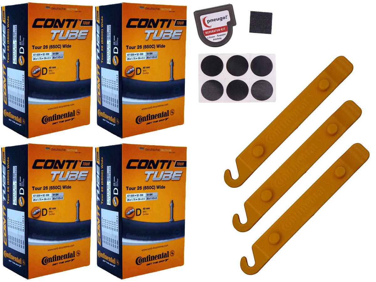 4x Fahrradschlauch Continental Tour 26 Wide 26 Zoll 47-559/62-559 Dunlop-Ventil 40mm +3x Conti Reifenheber +pneugo! Reparatur-Kit