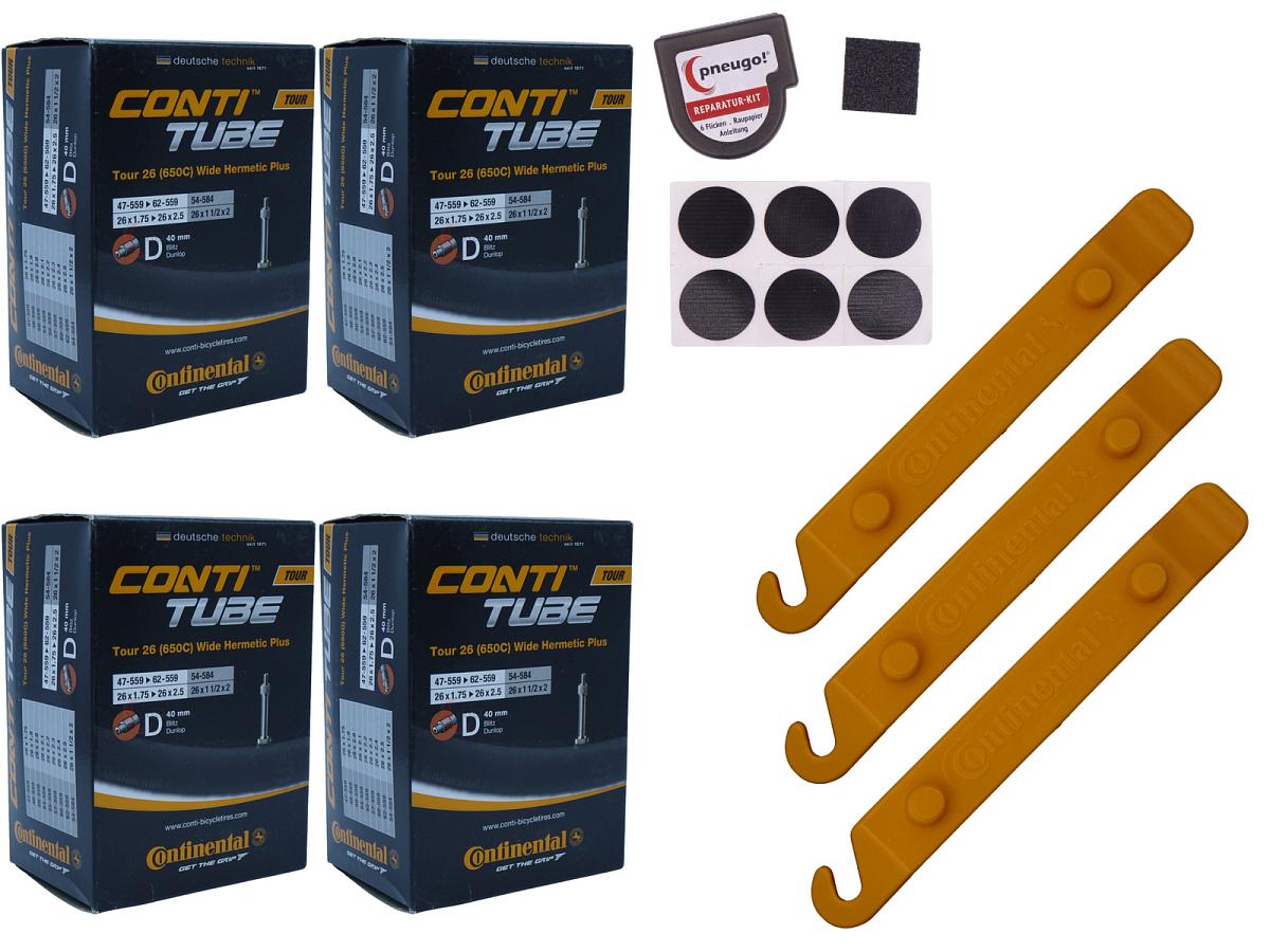 4x Fahrradschlauch Continental Hermetic Plus Tour 26 Wide 26 Zoll 47-559/62-559 Dunlop-Ventil 40mm +3x Conti Reifenheber +pneugo! Reparatur-Kit