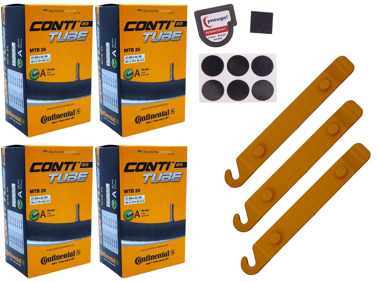 4x Fahrradschlauch Continental MTB 26 26 Zoll 47-559/62-559 Auto-Ventil 40mm +3x Conti Reifenheber +pneugo! Reparatur-Kit