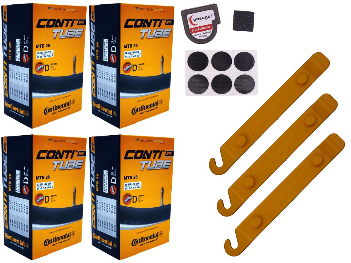 4x Fahrradschlauch Continental MTB 26 26 Zoll 47-559/62-559 Dunlop-Ventil 40mm +3x Conti Reifenheber +pneugo! Reparatur-Kit