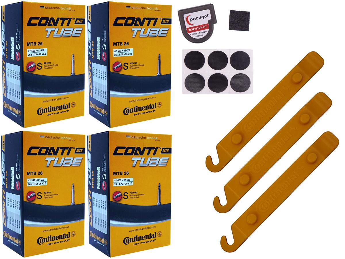 4x Fahrradschlauch Continental MTB 26 26 Zoll  Sclaverand-Ventil 42mm +3x Conti Reifenheber +pneugo! Reparatur-Kit