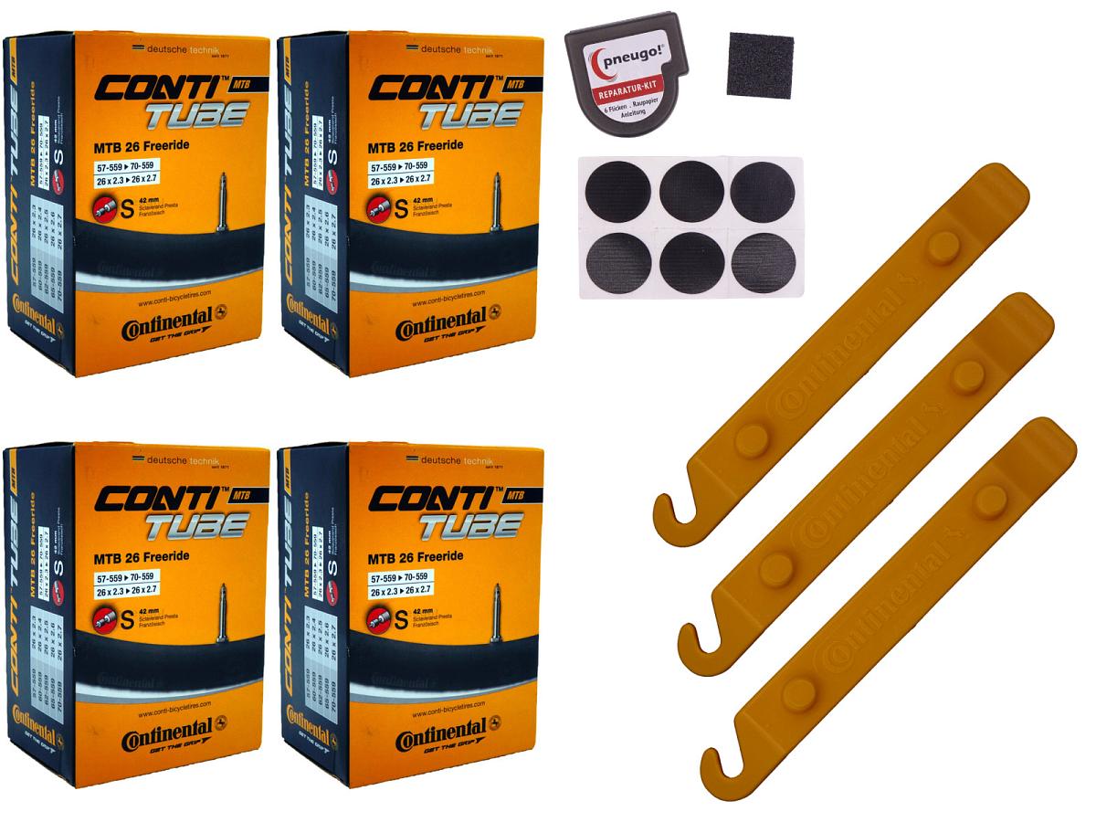 4x Fahrradschlauch Continental MTB 26 Freeride 26 Zoll 57-559/70-559 Sclaverand-Ventil 42mm +3x Conti Reifenheber +pneugo! Reparatur-Kit