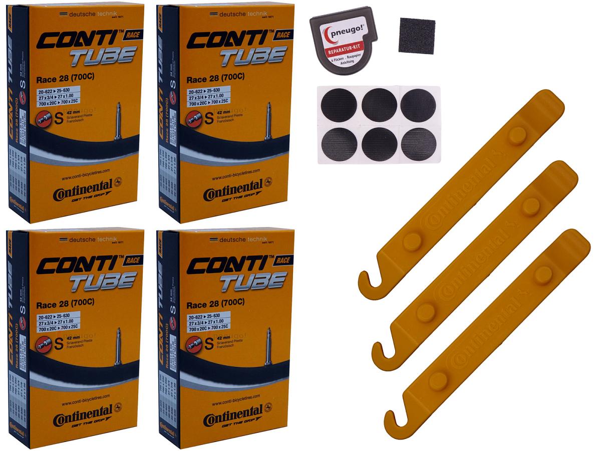 4x Fahrradschlauch Continental Race 28 28 Zoll 20-622/25-630 Sclaverand-Ventil 42mm +3x Conti Reifenheber +pneugo! Reparatur-Kit