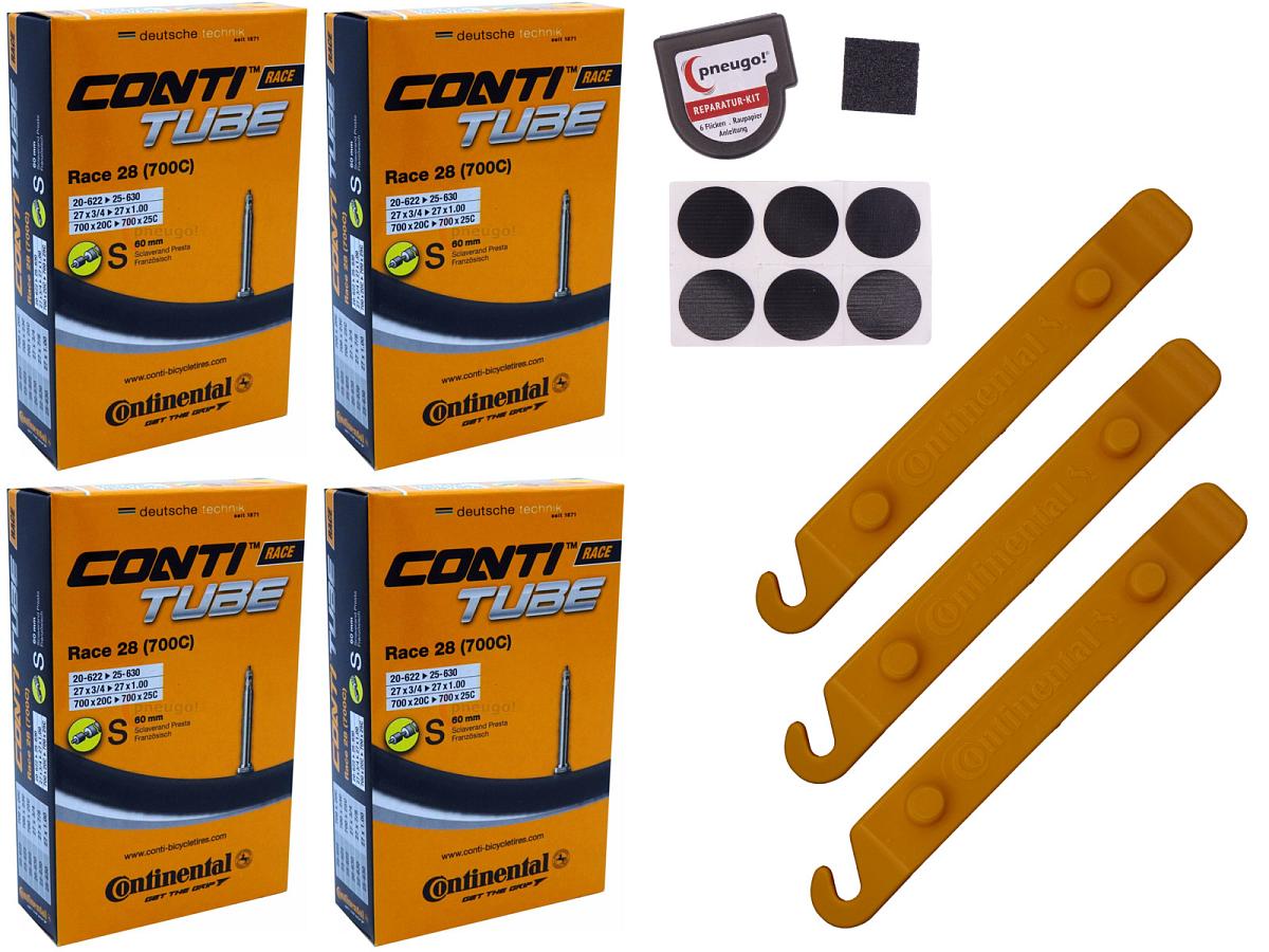 4x Fahrradschlauch Continental Race 28 28 Zoll 20-622/25-630 Sclaverand-Ventil 60mm +3x Conti Reifenheber +pneugo! Reparatur-Kit