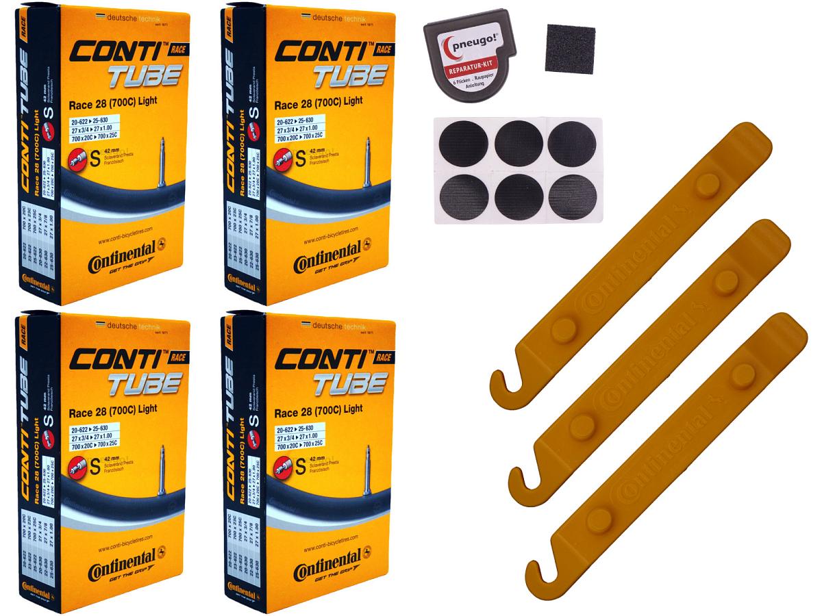 4x Fahrradschlauch Continental Race 28 Light 28 Zoll 20-622/25-630 Sclaverand-Ventil 42mm +3x Conti Reifenheber +pneugo! Reparatur-Kit