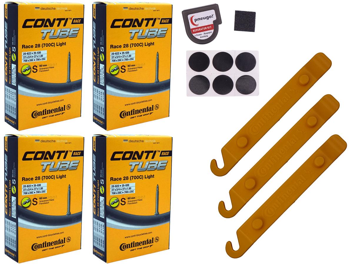 4x Fahrradschlauch Continental Race 28 Light 28 Zoll 20-622/25-630 Sclaverand-Ventil 60mm +3x Conti Reifenheber +pneugo! Reparatur-Kit