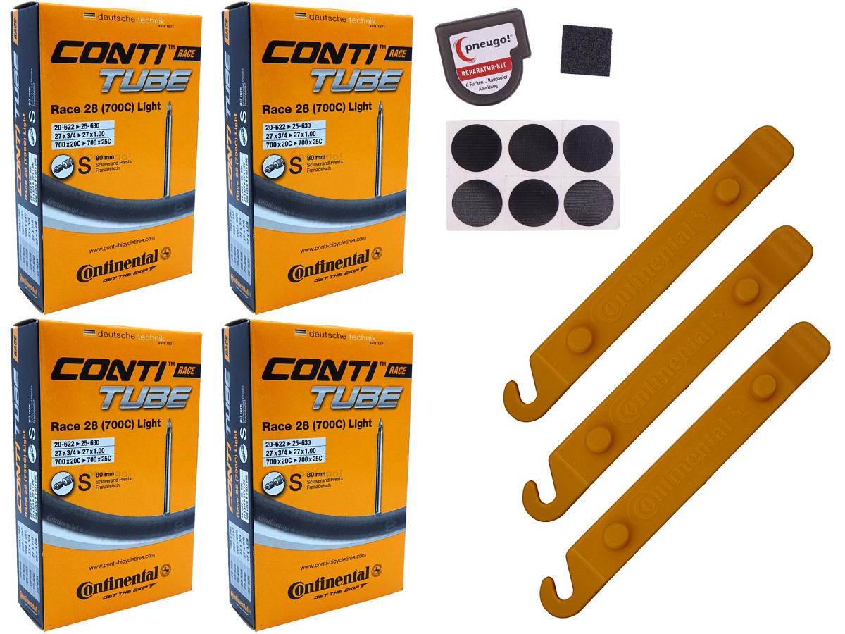 4x Fahrradschlauch Continental Race 28 Light 28 Zoll 20-622/25-630 Sclaverand-Ventil 80mm +3x Conti Reifenheber +pneugo! Reparatur-Kit