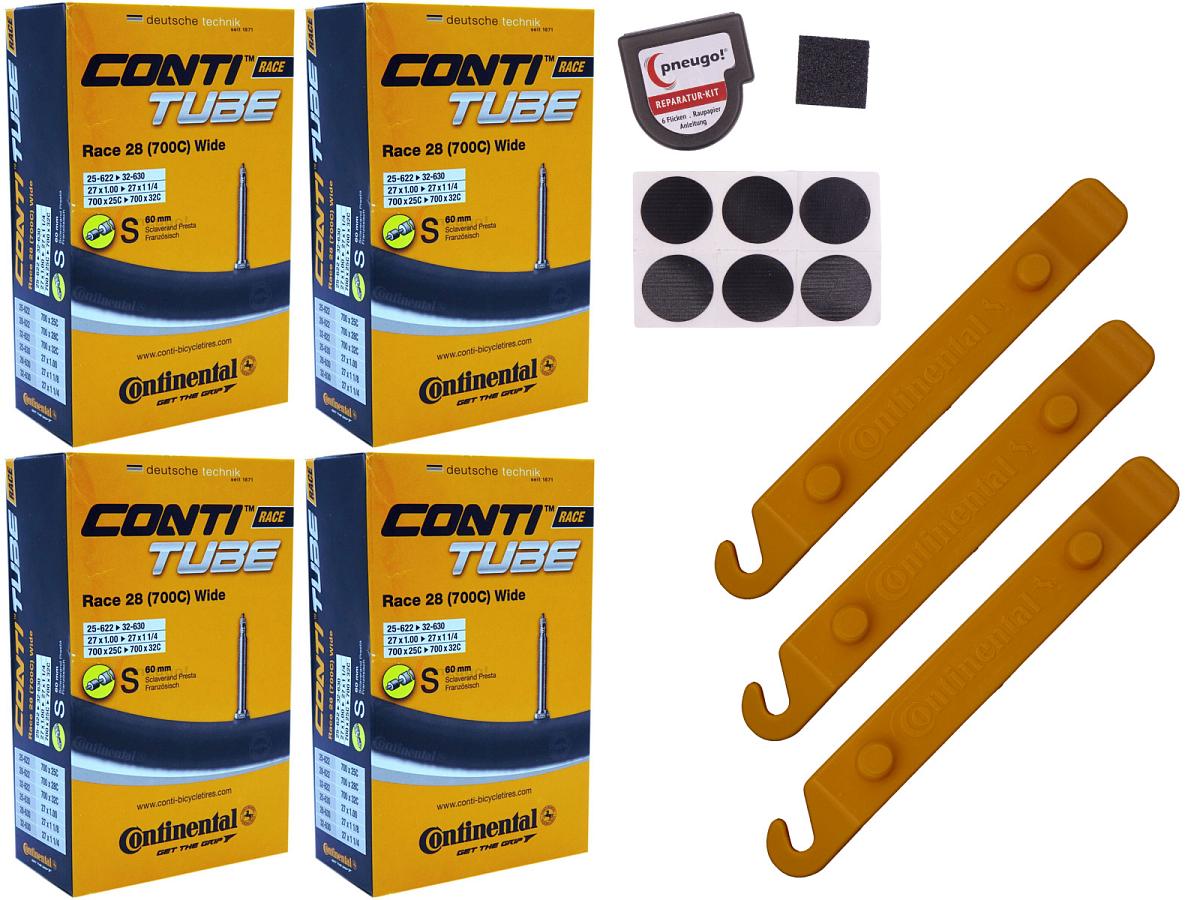 4x Fahrradschlauch Continental Race 28 Wide 28 Zoll 25-622/32-630 Sclaverand-Ventil 60mm +3x Conti Reifenheber +pneugo! Reparatur-Kit