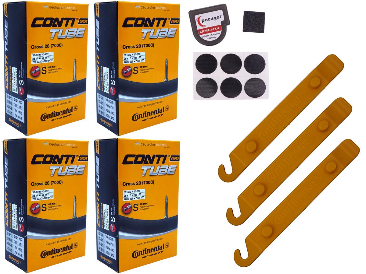 4x Fahrradschlauch Continental Cross 28 28 Zoll 32-622/47-622 Sclaverand-Ventil 42mm +3x Conti Reifenheber +pneugo! Reparatur-Kit