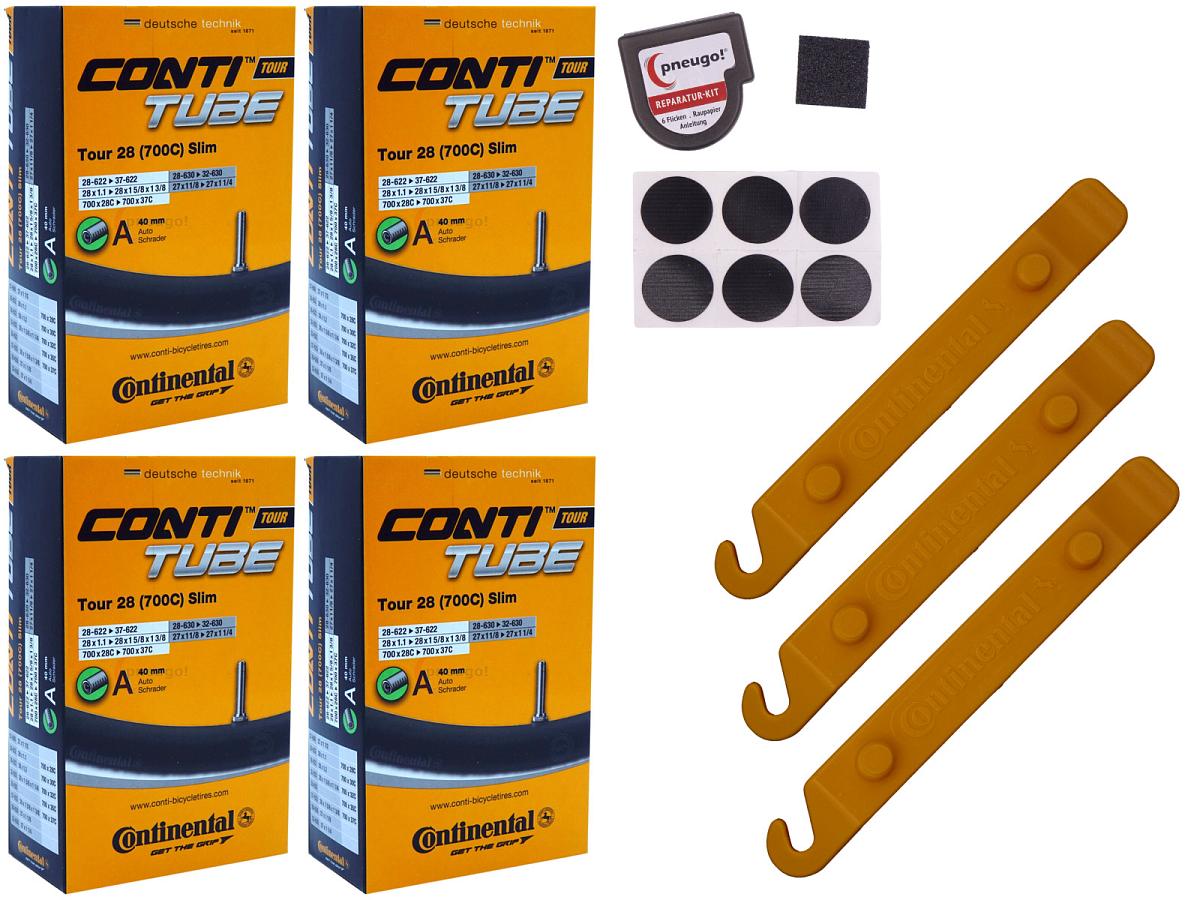 4x Fahrradschlauch Continental Tour 28 Slim 28 Zoll 28-622/37-622 Auto-Ventil 40mm +3x Conti Reifenheber +pneugo! Reparatur-Kit