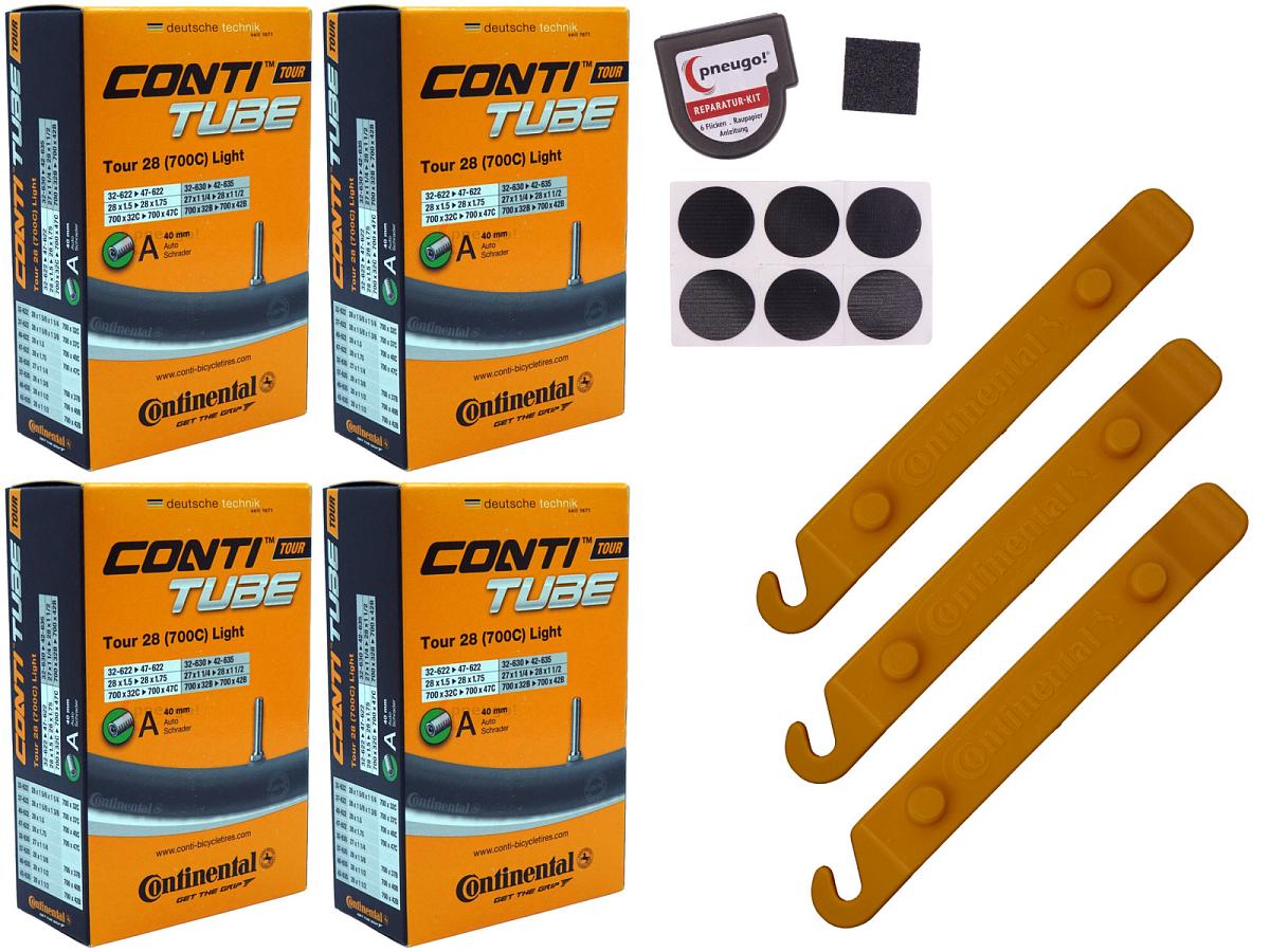 4x Fahrradschlauch Continental Tour 28 Light 28 Zoll 32-622/47-622 Auto-Ventil 40mm +3x Conti Reifenheber +pneugo! Reparatur-Kit