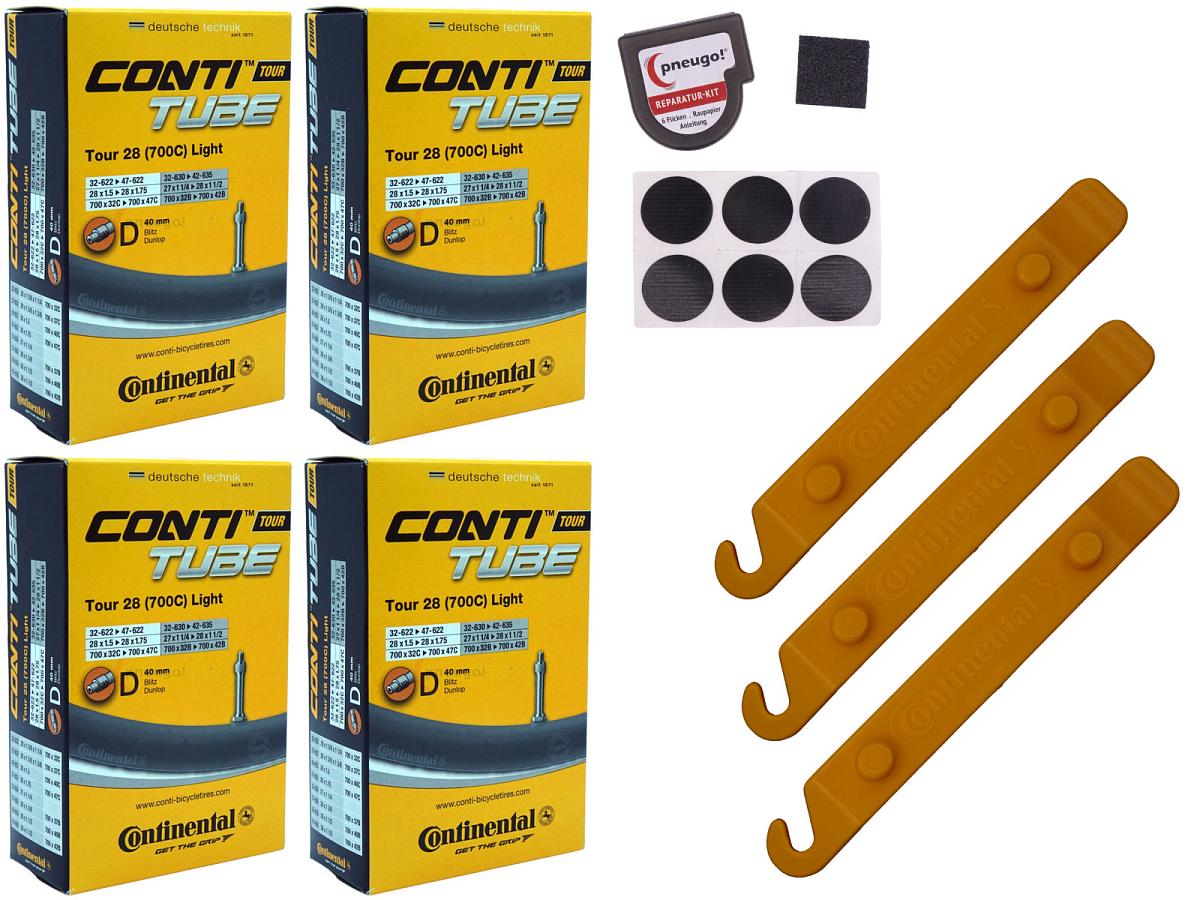 4x Fahrradschlauch Continental Tour 28 Light 28 Zoll 32-622/47-622 Dunlop-Ventil 40mm +3x Conti Reifenheber +pneugo! Reparatur-Kit