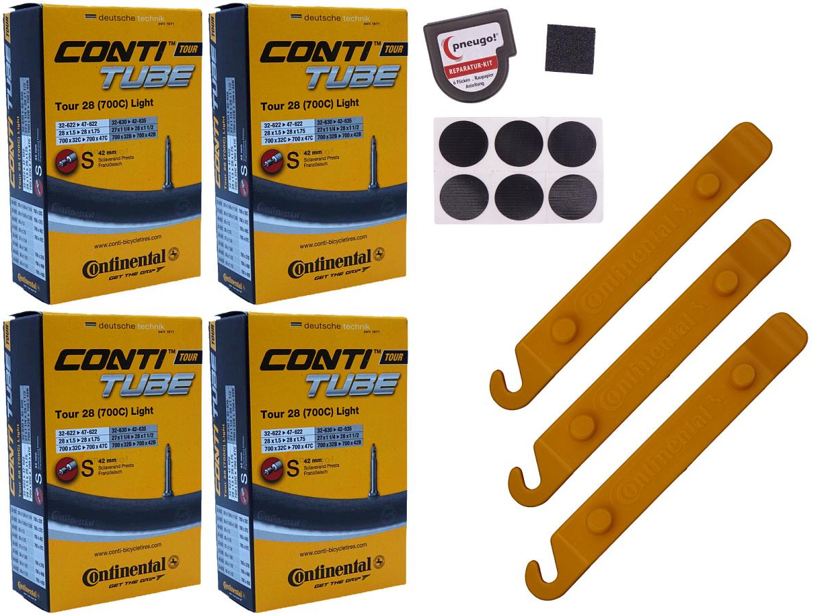 4x Fahrradschlauch Continental Tour 28 Light 28 Zoll 32-622/47-622 Sclaverand-Ventil 42mm +3x Conti Reifenheber +pneugo! Reparatur-Kit