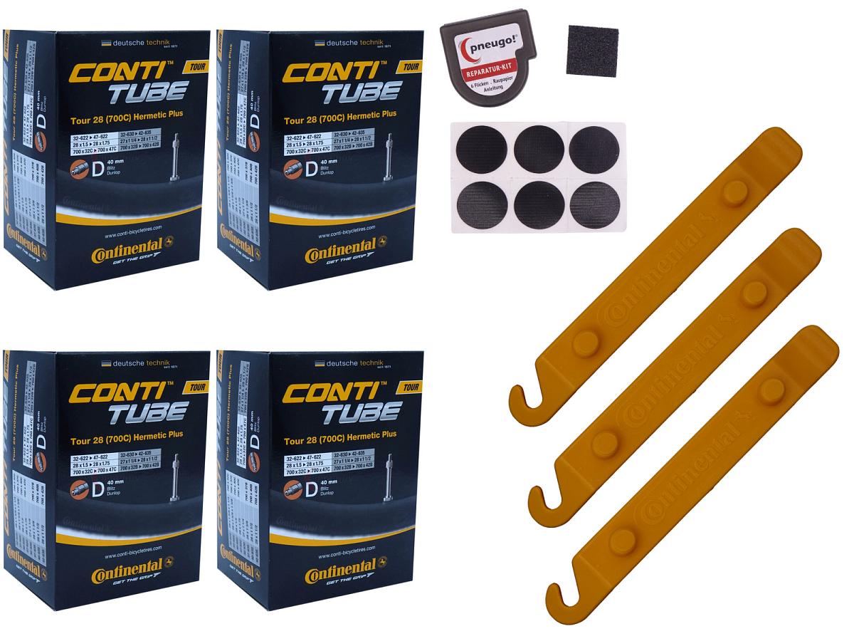 4x Fahrradschlauch Continental Hermetic Plus Tour 28 All 28 Zoll 32-622/47-622 Dunlop-Ventil 40mm +3x Conti Reifenheber +pneugo! Reparatur-Kit