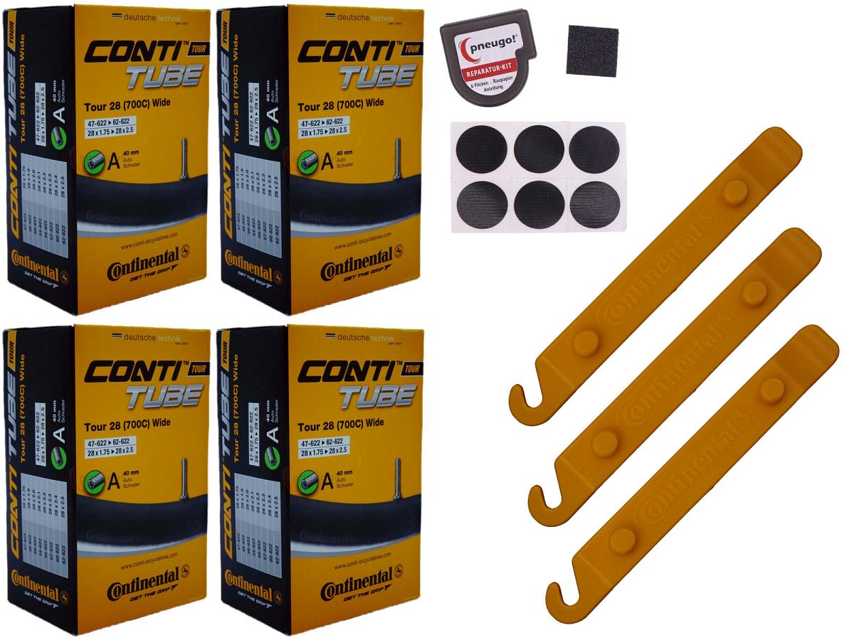 4x Fahrradschlauch Continental Tour 28 Wide 28 Zoll 47-622/62-622 Auto-Ventil 40mm +3x Conti Reifenheber +pneugo! Reparatur-Kit