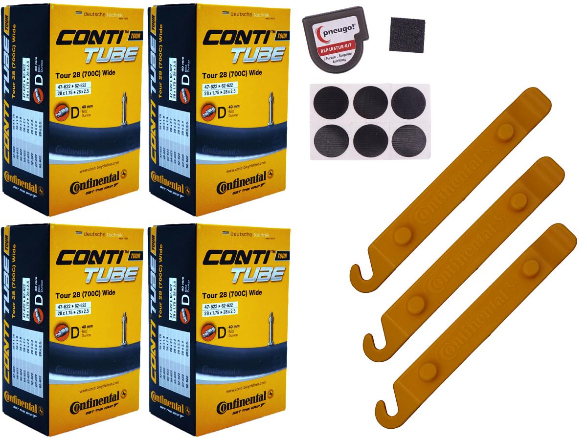 4x Fahrradschlauch Continental Tour 28 Wide 28 Zoll 47-622/62-622 Dunlop-Ventil 40mm +3x Conti Reifenheber +pneugo! Reparatur-Kit