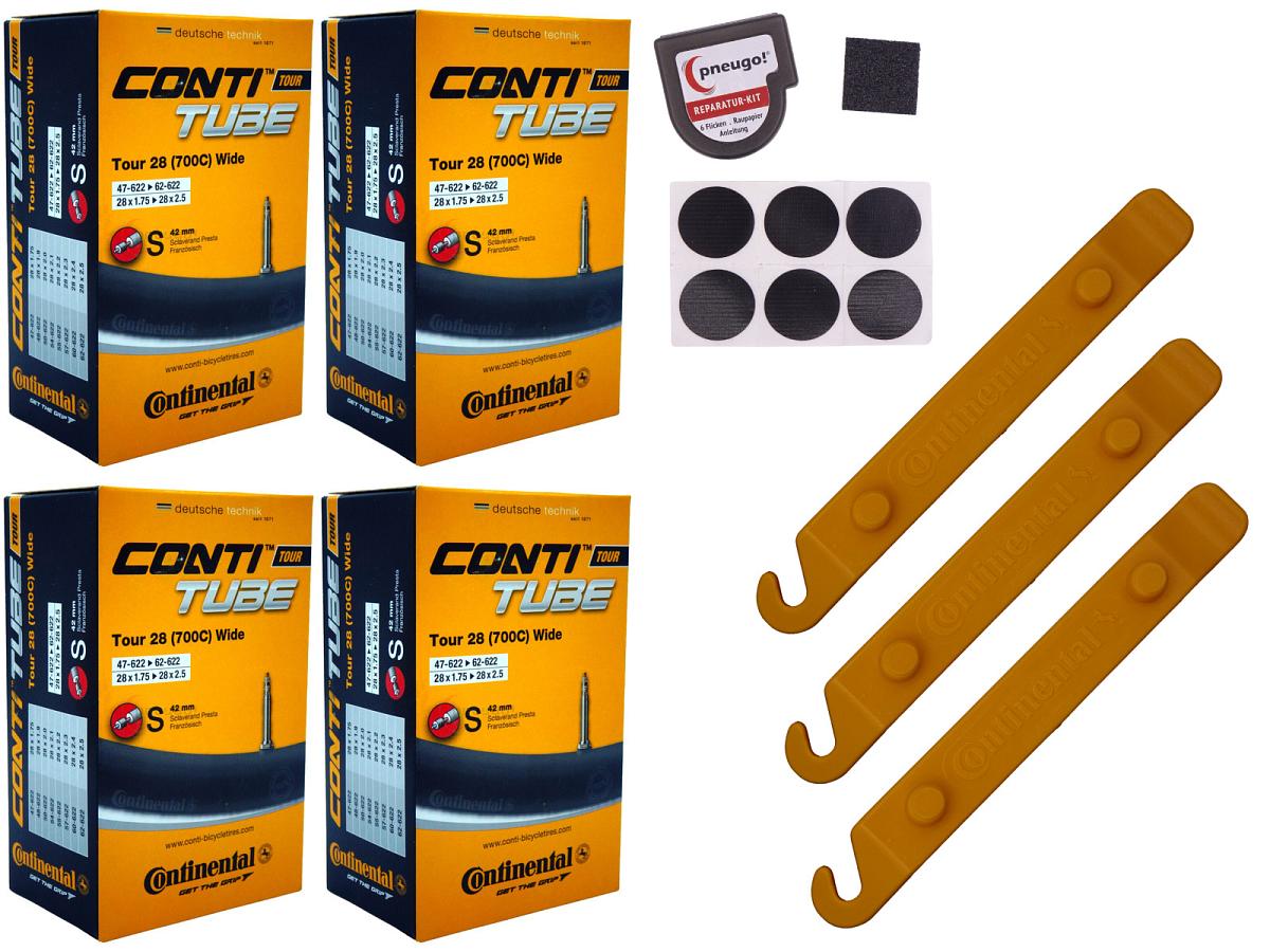 4x Fahrradschlauch Continental Tour 28 Wide 28 Zoll 47-622/62-622 Sclaverand-Ventil 42mm +3x Conti Reifenheber +pneugo! Reparatur-Kit