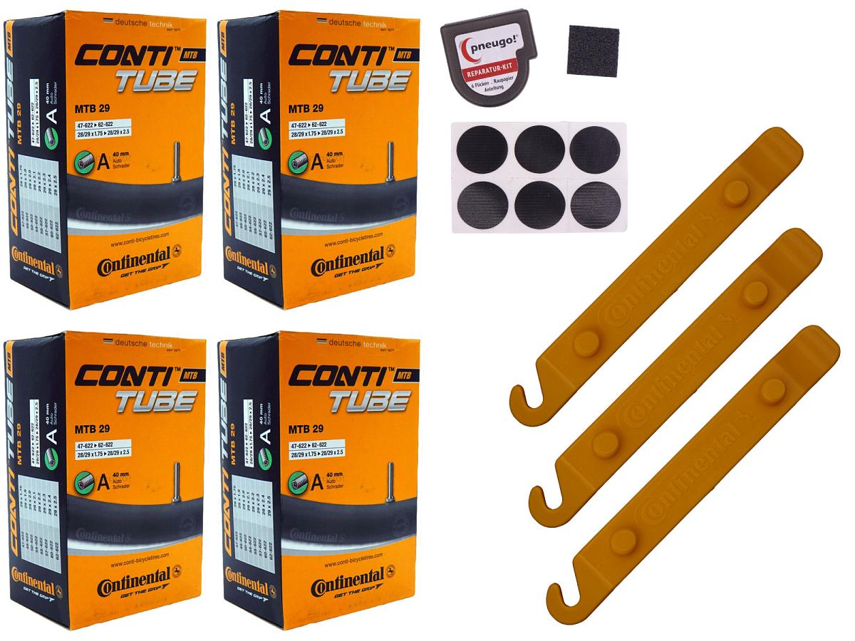 4x Fahrradschlauch Continental MTB 29 29 Zoll 47-622/62-622 Auto-Ventil 40mm +3x Conti Reifenheber +pneugo! Reparatur-Kit